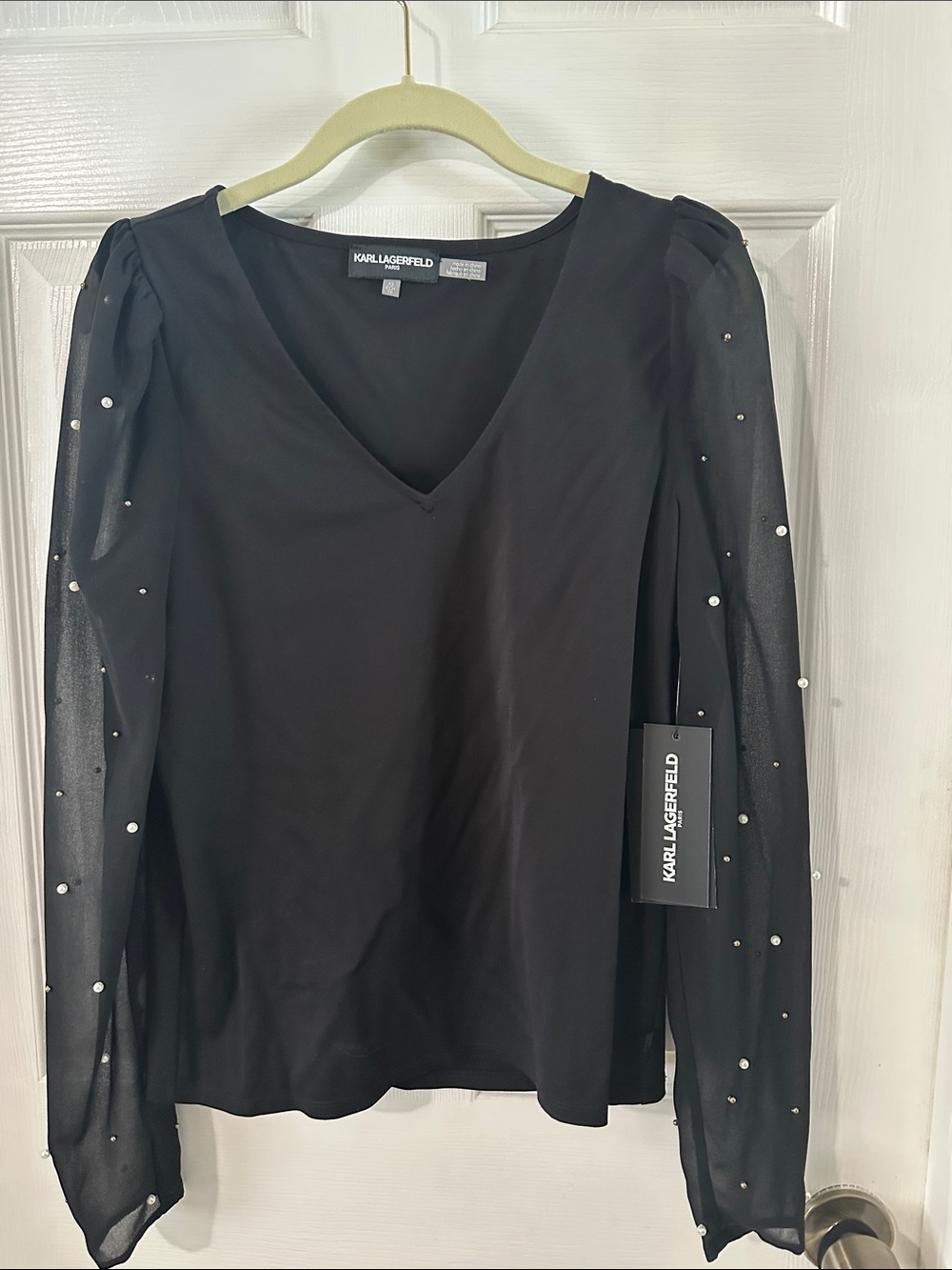 Karl Lagerfeld Black V-Neck Top with Pearl-Studded Sheer Sleeves x-small